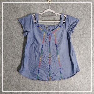 New Directions Top Women S Blue Weekend Embroidered Boho Cold Shoulder Chambray